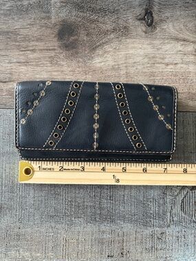 Genuine Leather Black Studded Wallet Organizer Snap Clutch